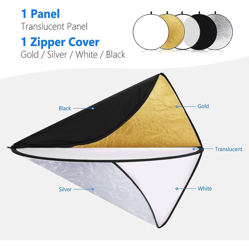 ⁦NEEWER 43 Inch/110 Centimeter Light Reflector Light Diffuser 5 in 1 Collapsible Multi Disc with Bag - Translucent, Silver, Gold, White, and Black for Studio Photography Lighting and Outdoor Lighting⁩ - الصورة ⁦3⁩