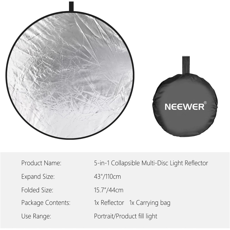 ⁦NEEWER 43 Inch/110 Centimeter Light Reflector Light Diffuser 5 in 1 Collapsible Multi Disc with Bag - Translucent, Silver, Gold, White, and Black for Studio Photography Lighting and Outdoor Lighting⁩ - الصورة ⁦7⁩