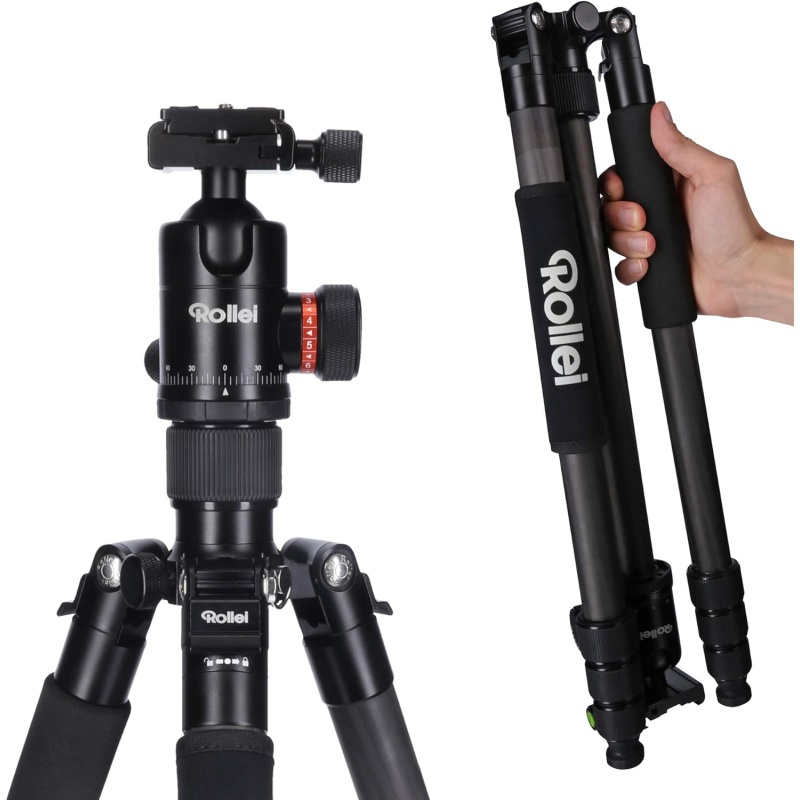 Rollei C6i Carbon Tripod - Arca Swiss compatible - Convertible to Monopod – incl. panorama ball head and redating central column for macro photography – Black