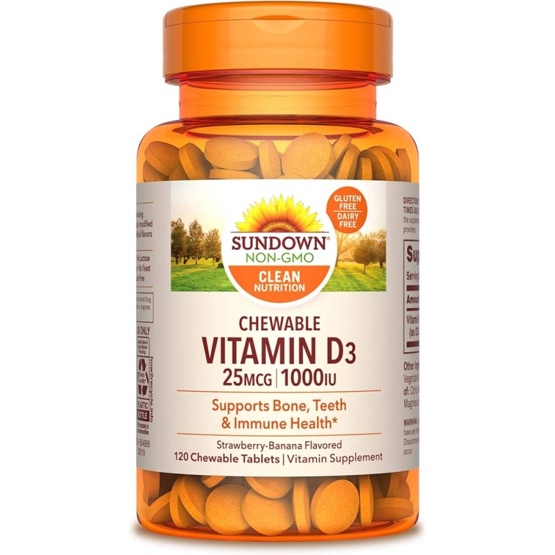 Sundown Naturals Vitamin D3, Strawberry-Banana Flavor,25mg (1,000 IU),120 Chewable Tablets