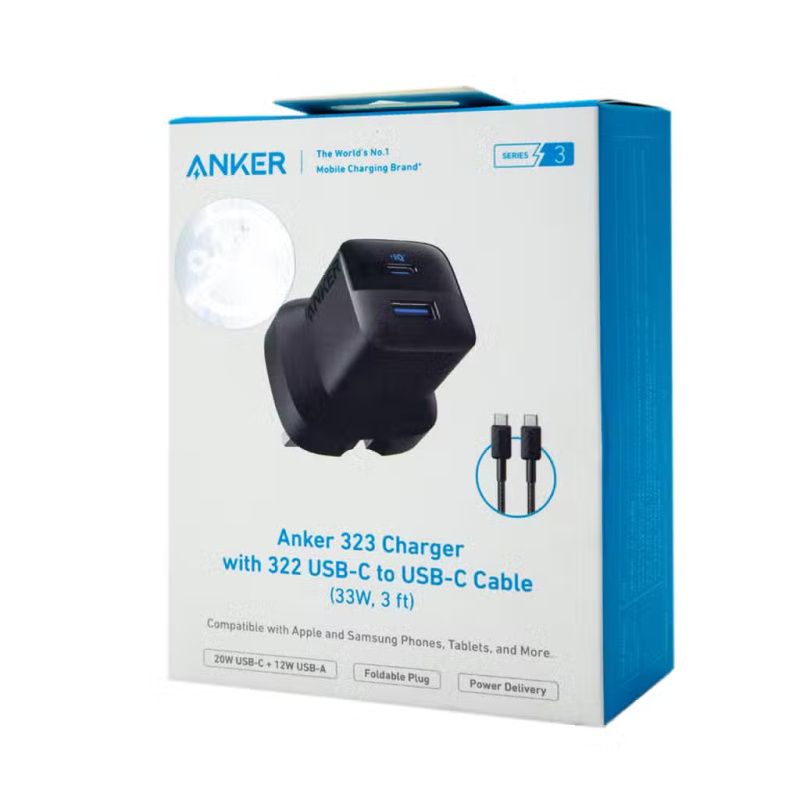 Anker 323 Charger With 322 USB-C to USB-C Cable 33W - أنكر تت متوافق مع أجهزة أبل وسامسونج والتابلت وغيرها