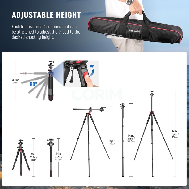 ⁦Neewer 72-inch Tripod + Ball Head for DSLR & Video⁩ - الصورة ⁦5⁩