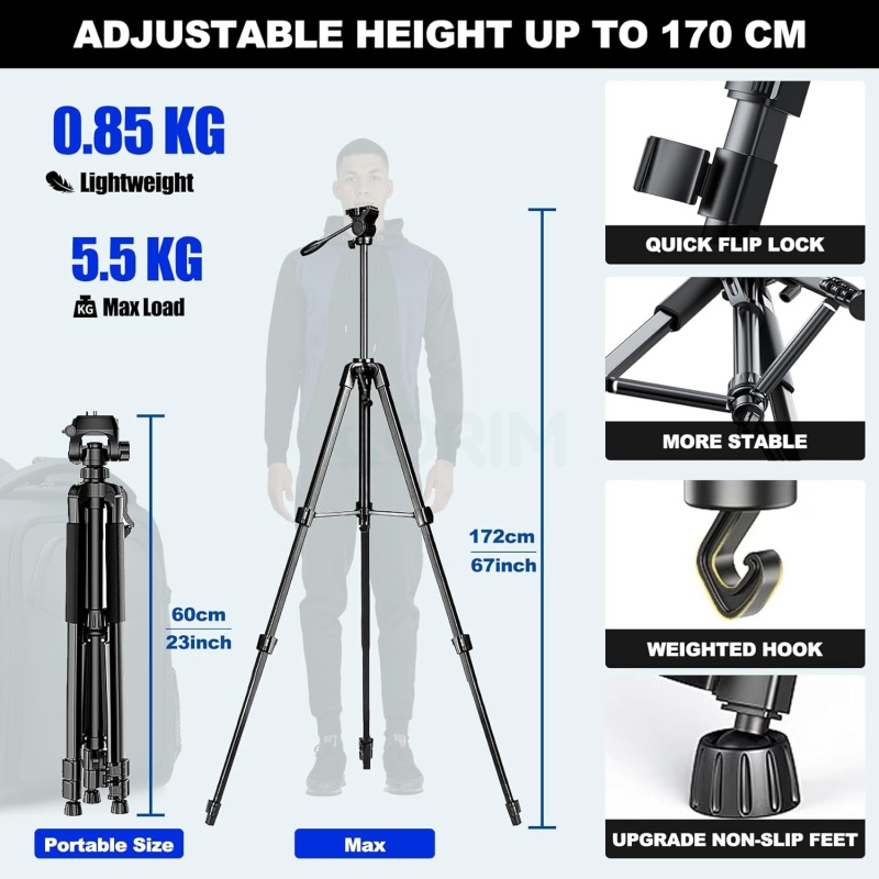 ⁦TDNE 170CM Camera Tripod with Remote & Phone Holder⁩ - الصورة ⁦2⁩