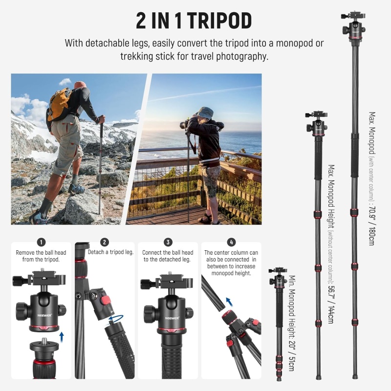 ⁦Neewer 66-inch Carbon Fiber Tripod & Monopod⁩ - الصورة ⁦5⁩